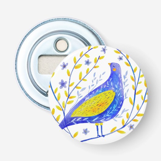 Moderne Aquarel Blauwe en Gele Vogel Kunst Button Flesopener (Voorkant)