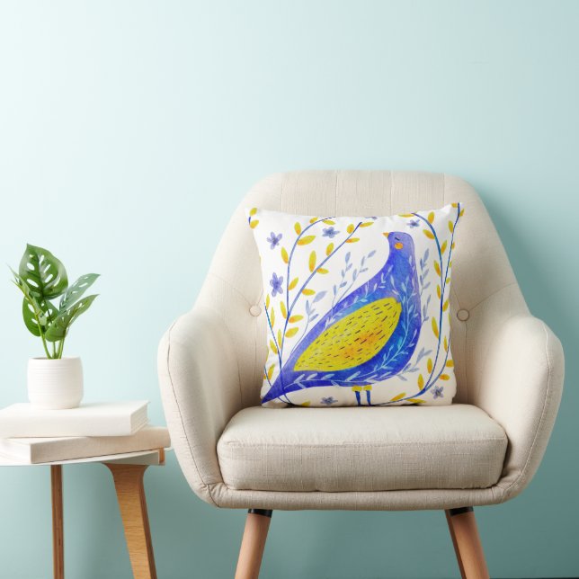Moderne Aquarel Blauwe en Gele Vogel Kunst Kussen (Stoel)