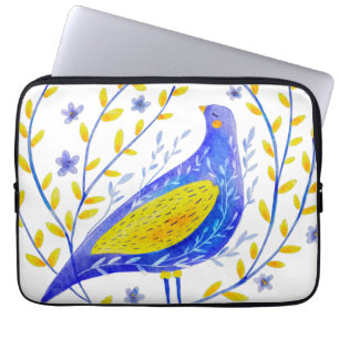 Moderne Aquarel Blauwe en Gele Vogel Kunst Laptop Sleeve