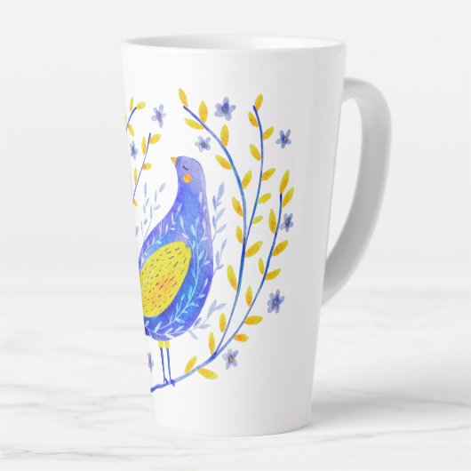 Moderne Aquarel Blauwe en Gele Vogel Kunst Latte Mok (Rechterhoek)