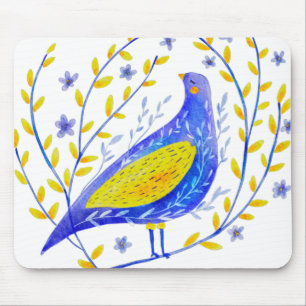 Moderne Aquarel Blauwe en Gele Vogel Kunst Muismat
