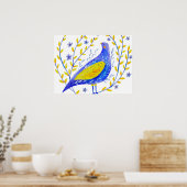 Moderne Aquarel Blauwe en Gele Vogel Kunst Poster (Keuken)
