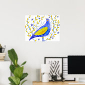 Moderne Aquarel Blauwe en Gele Vogel Kunst Poster (Thuiskantoor)