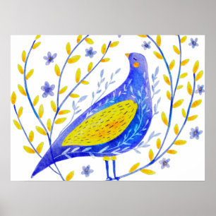 Moderne Aquarel Blauwe en Gele Vogel Kunst Poster