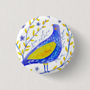 Moderne Aquarel Blauwe en Gele Vogel Kunst Ronde Button 3,2 Cm