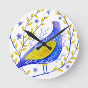 Moderne Aquarel Blauwe en Gele Vogel Kunst Ronde Klok