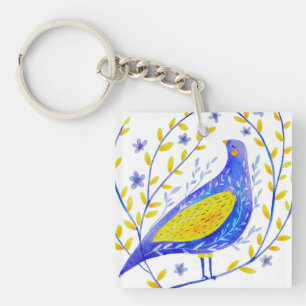 Moderne Aquarel Blauwe en Gele Vogel Kunst Sleutelhanger