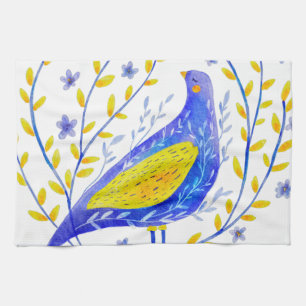 Moderne Aquarel Blauwe en Gele Vogel Kunst Theedoek
