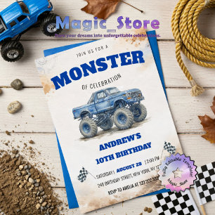 Moderne Aquarel Blauwe Monstertruck Jongen Verjaar Kaart