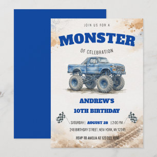 Moderne Aquarel Blauwe Monstertruck Jongen Verjaar Kaart