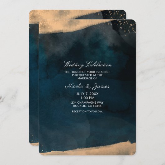 Moderne Aquarel Blauwe & Perzik Koraal Chic Bruilo Kaart (Voorkant / Achterkant)