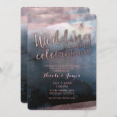 Moderne Aquarel Blauwe & Roze Gouden Roze Bruiloft Kaart (Voorkant / Achterkant)