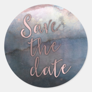 Moderne Aquarel Blauwe & Roze Gouden Save the Date Ronde Sticker