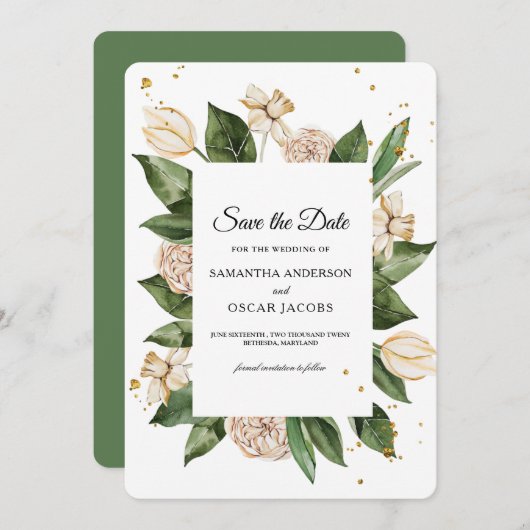 Moderne Aquarel Bloem Groen & Geel Frame Save The Date (Voorkant / Achterkant)