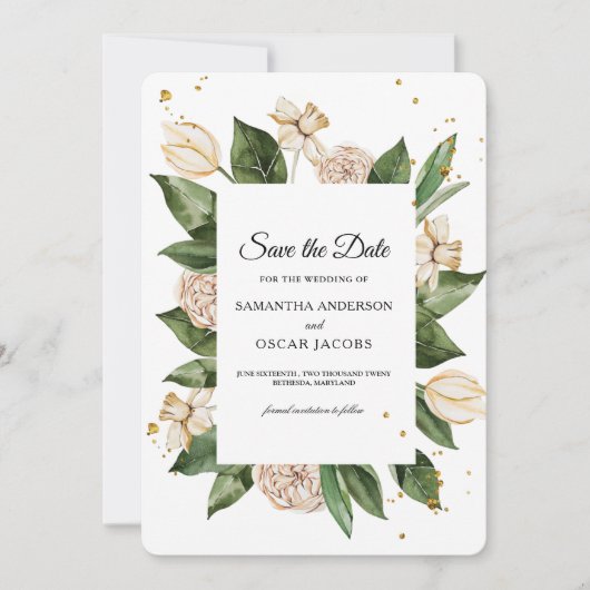 Moderne Aquarel Bloem Groen & Geel Frame Save The Date (Voorkant)