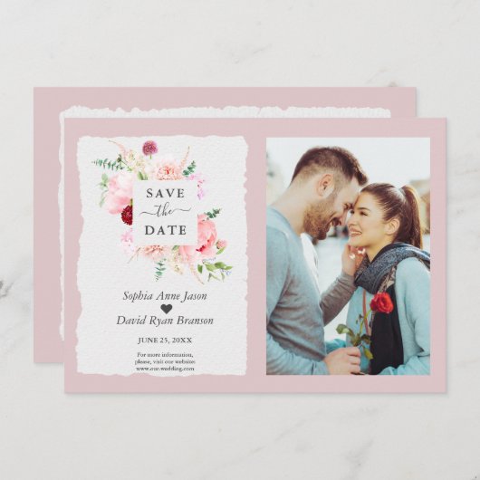 Moderne Aquarel Blozende Rode Bloemen Foto Bruilof Save The Date (Voorkant / Achterkant)
