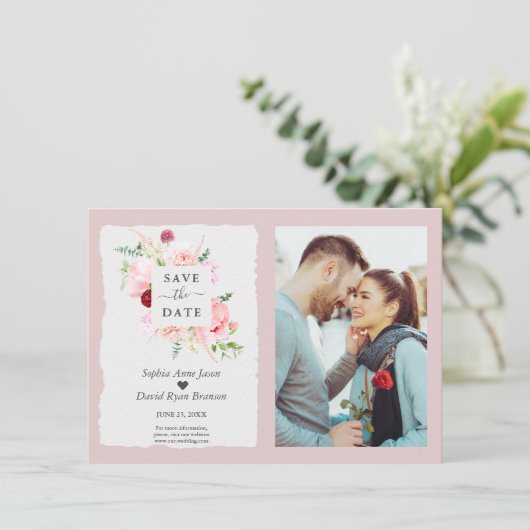 Moderne Aquarel Blozende Rode Bloemen Foto Bruilof Save The Date (Staand voorkant)