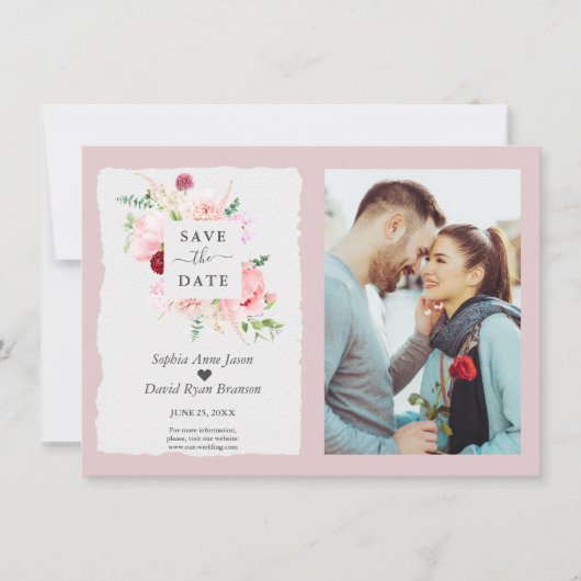 Moderne Aquarel Blozende Rode Bloemen Foto Bruilof Save The Date (Voorkant)
