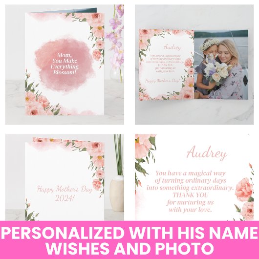 Moderne Aquarel Elegante Roze Bloem Moederdag  Kaart