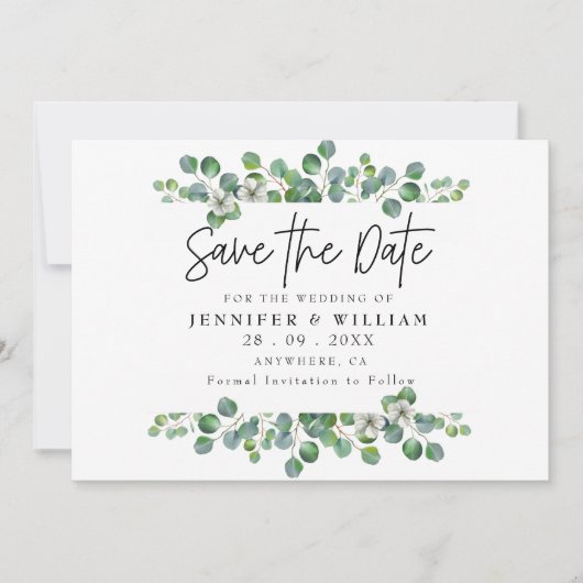 Moderne Aquarel Eucalyptus Save the Date Kaart (Voorkant)