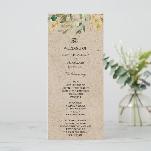 Moderne Aquarel Groene Blad Kraft Lijst & Goud Menu (Staand voorkant)