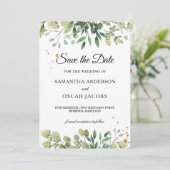 Moderne aquarel groene bladeren tak save the date (Staand voorkant)