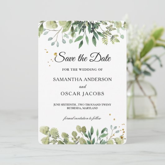 Moderne aquarel groene bladeren tak save the date (Staand voorkant)