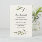 Moderne Aquarel Groene Olijftak Save The Date (Staand voorkant)