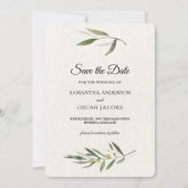 Moderne Aquarel Groene Olijftak Save The Date (Voorkant)