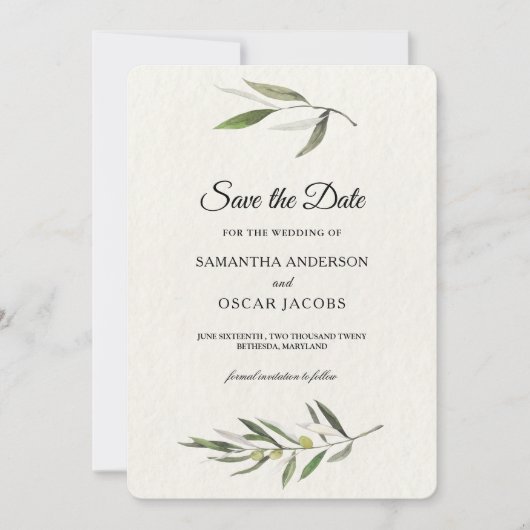 Moderne Aquarel Groene Olijftak Save The Date (Voorkant)