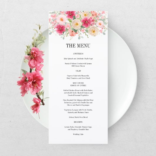 Moderne Aquarel Helder Roze Bloemige Bruiloft Menu