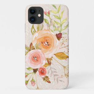 Moderne Aquarel Ivoor en Roze Bloemige Roos Blad Case-Mate iPhone Case
