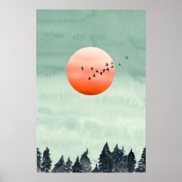 Moderne Aquarel Landschap Zonsondergang Vogels Bom Poster