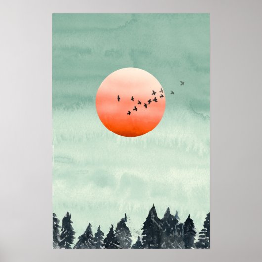 Moderne Aquarel Landschap Zonsondergang Vogels Bom Poster (Voorkant)