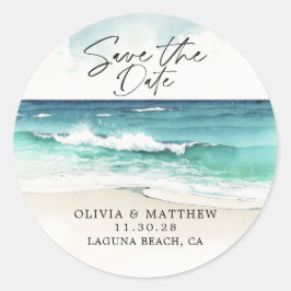 Moderne Aquarel Oceaan Strand Save the Date  Ronde Sticker