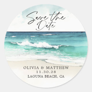 Moderne Aquarel Oceaan Strand Save the Date  Ronde Sticker