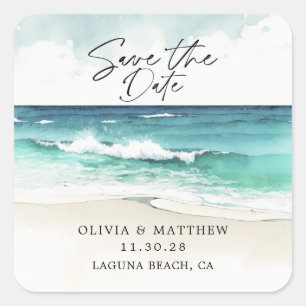 Moderne Aquarel Oceaan Strand Save the Date  Vierkante Sticker