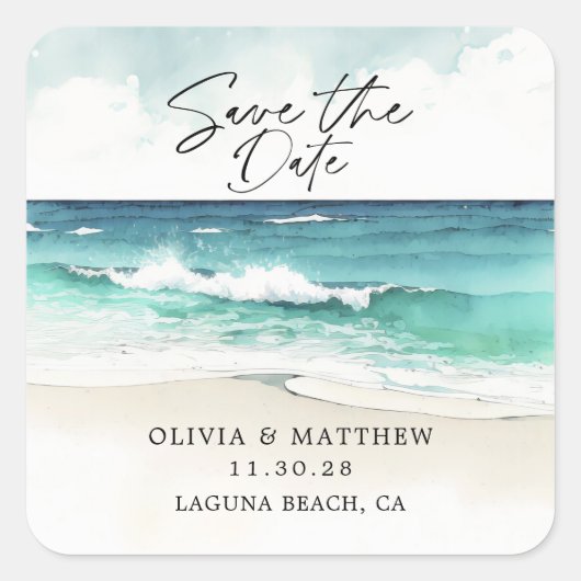 Moderne Aquarel Oceaan Strand Save the Date  Vierkante Sticker (Voorkant)