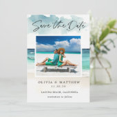 Moderne Aquarel Oceaan Strand Twee Foto's Save The Date (Staand voorkant)