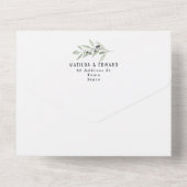 Moderne aquarel olijftak bladverliezend saliegroen all in one uitnodiging (Achterkant)