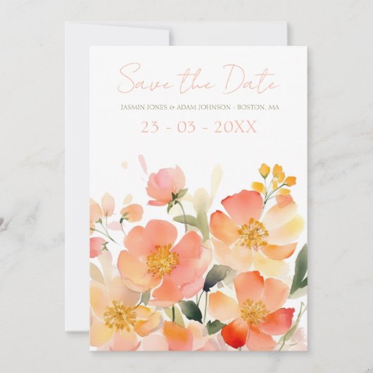 Moderne Aquarel Oranje Perzik Bloemen Bruiloft Save The Date (Voorkant)