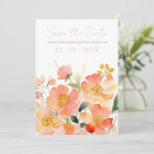 Moderne Aquarel Oranje Perzik Bloemen Bruiloft Save The Date (Staand voorkant)