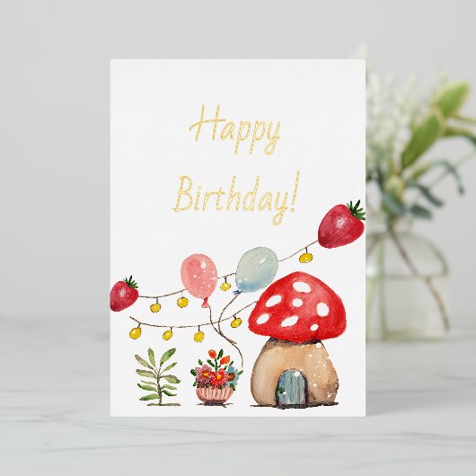 Moderne Aquarel Paddenstoel en Aardbeien Folie Uitnodiging (Staand Voorkant)