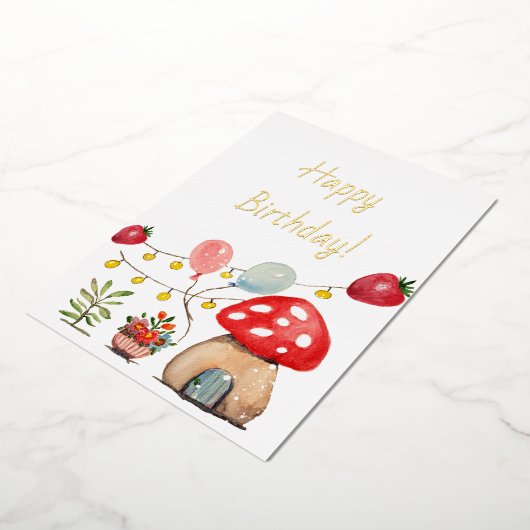 Moderne Aquarel Paddenstoel en Aardbeien Folie Uitnodiging (Gedraaid)