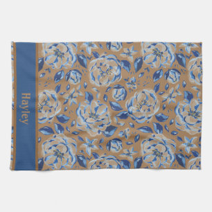 Moderne Aquarel Pastel Blauwe Bloemen Patroonnaam Theedoek