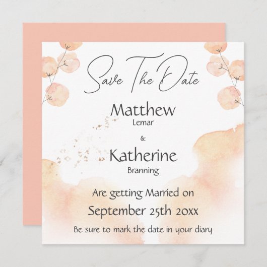 Moderne aquarel perzik Bewaar de datum bruiloft Save The Date (Voorkant / Achterkant)