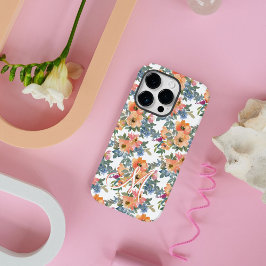 Moderne Aquarel Perzik Bloemmotief Monogram M Case-Mate iPhone 14 Pro Hoesje