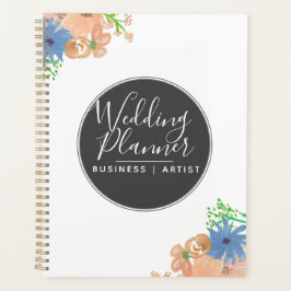 Moderne Aquarel Perzik en Blauwe Bloemige Bruiloft Planner