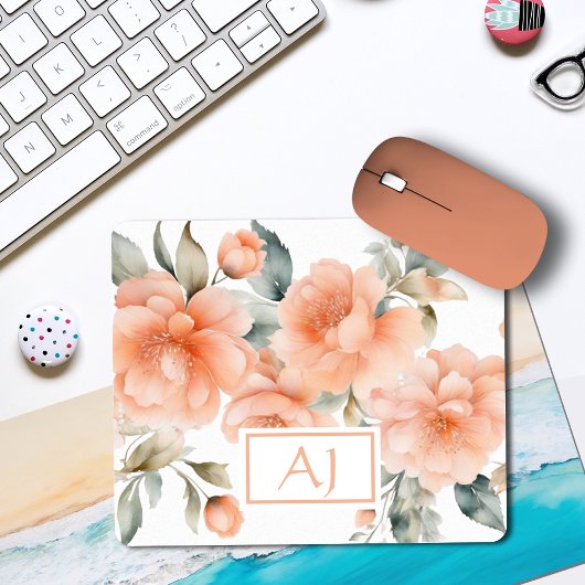 Moderne Aquarel Perzikbloesems Monogram Beginlette Muismat