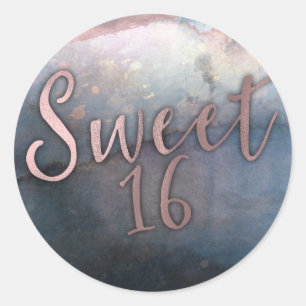 Moderne Aquarel Roze Goud & Blauwe Sweet 16 Feestj Ronde Sticker